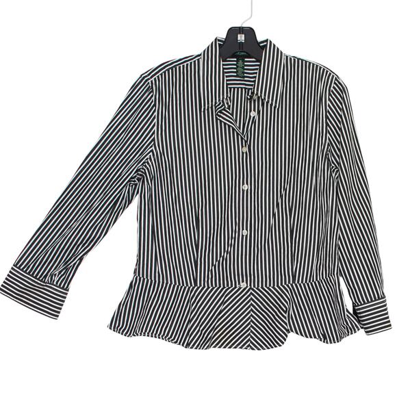 Lauren Ralph Lauren Top Preppy Nautical Minimalist Button Stripe Black 10 GT - Picture 5 of 5